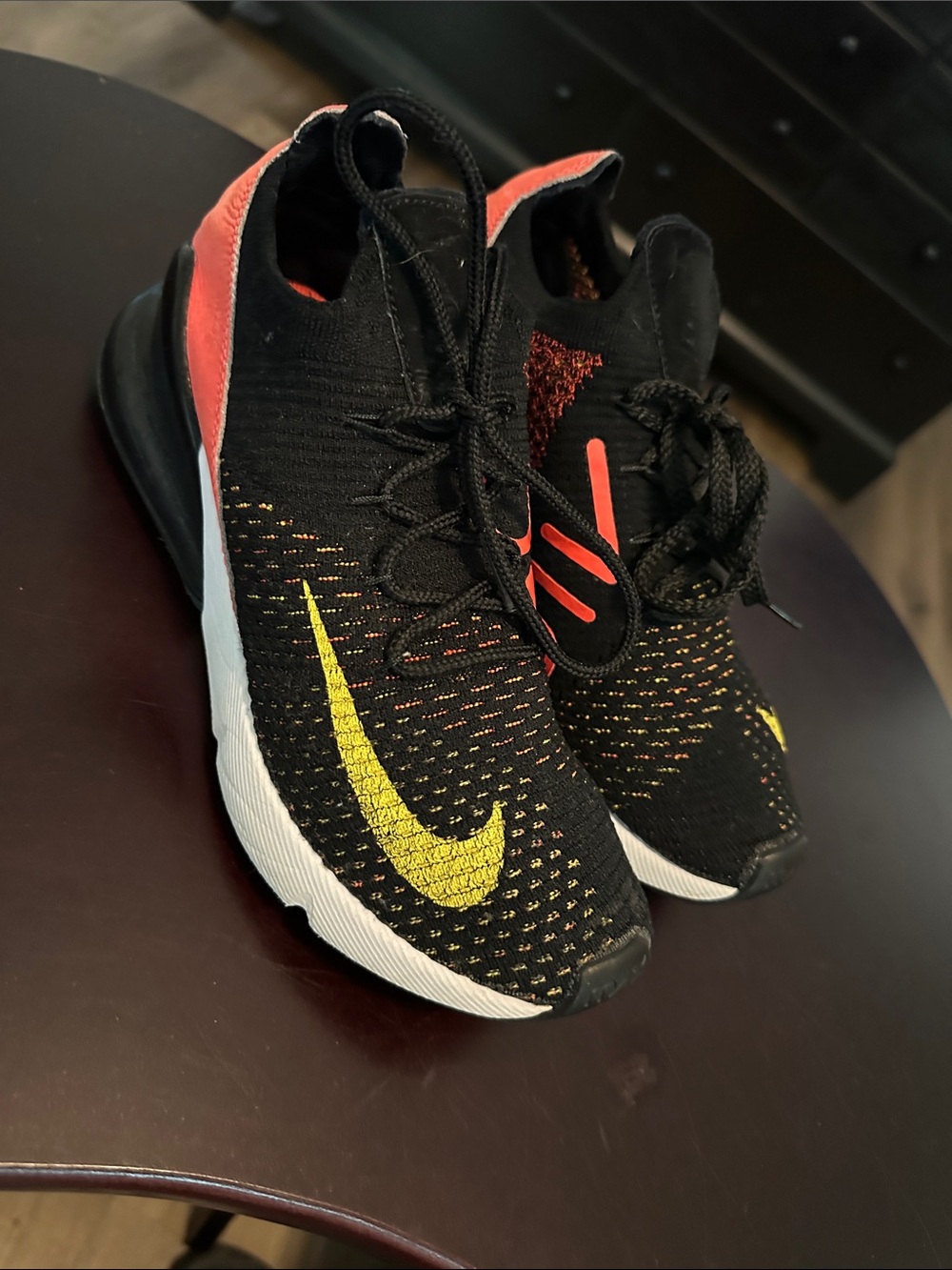 Nike AirMax Women's Black Knit Sneakers with Yellow Swoosh and Coral Accents